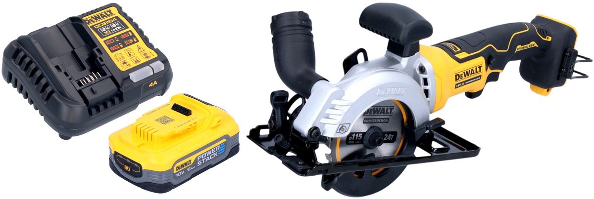 DeWalt DCS 571 H1 Accucirkelzaag 18 V 115 mm borstelloos + 1x Powerstack accu 5.0 Ah + lader