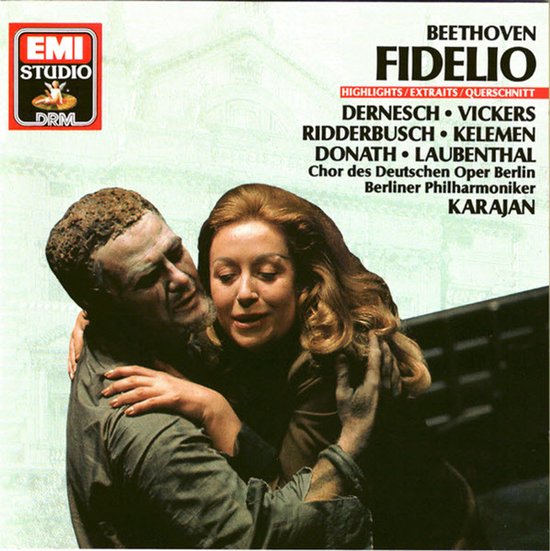 Beethoven Fidelio Highlights met Dernech, Vickers, Donath en Karajan. Mannen en vrouwen in dramatische omhelzing.