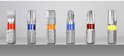 Zes DeWalt schroefbits met gekleurde ringen: rood, blauw, oranje en geel.