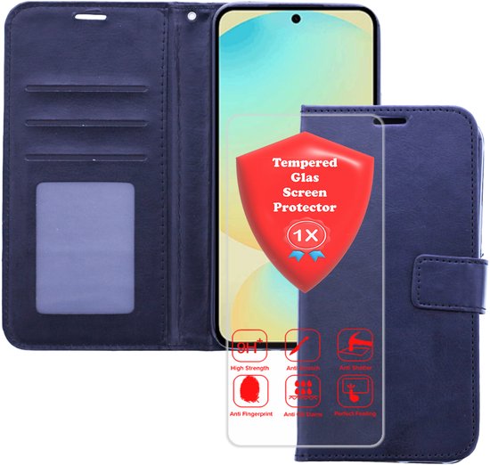 Étui portefeuille bleu foncé, ouvert, avec téléphone et protecteur d'écran en verre. Comprend des fentes pour cartes et une bande de fermeture.