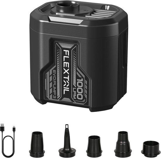 Flextail Evo Pump 3 noir avec cinq accessoires et un câble USB-C.