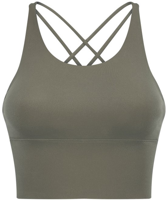 Mosgroene sporttop met gekruiste bandjes op de rug en een brede band onder de borst.