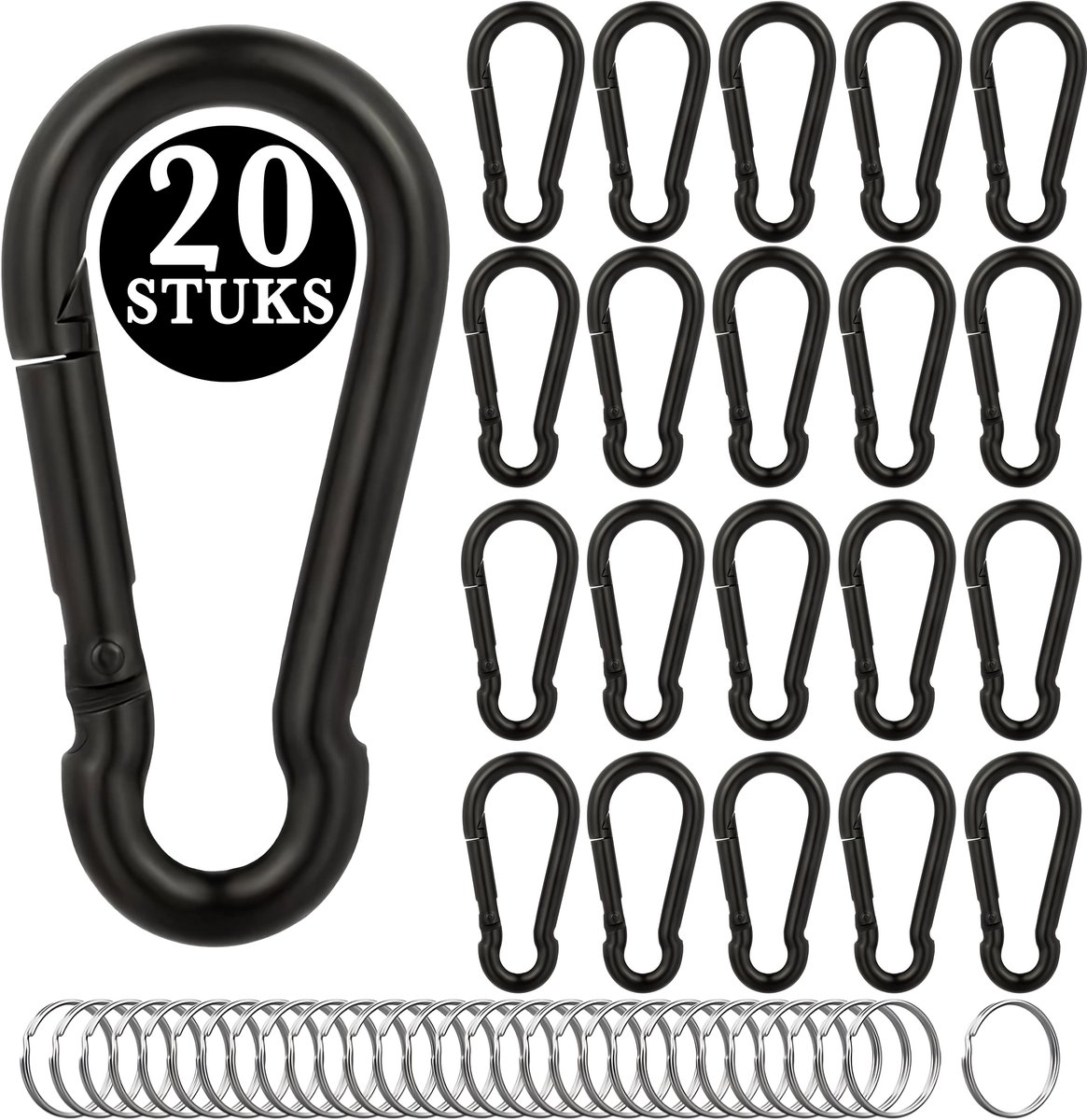 20 Stuks Ijzer 50mm Zwarte Karabijnhaken Set met 20 Sleutelringen - Musketonhaak Sleutelhangers voor Volwassenen - Multifuntioneel Carabiners - Karabijn haak Keychain - Karabijnsluitingen en ringetjes - DIY Hobby Musketon Sluiting - Karabiners