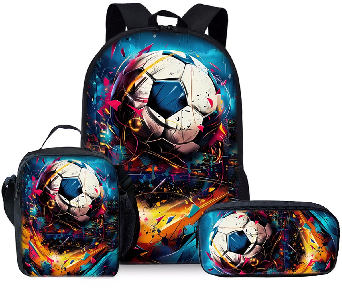 Cartoon Voetbal Rugzak | Voetbal Rugzak | Rugzak Meisje | Rugzak Jongens | Mooie rugzakken met Voetbal | 15-20 Liter | Kinder Rugzak | Rugtas, etui en lunchtas met mooie 3D geprinte details | 3-delige set jongens schooltassen | grote schooltas
