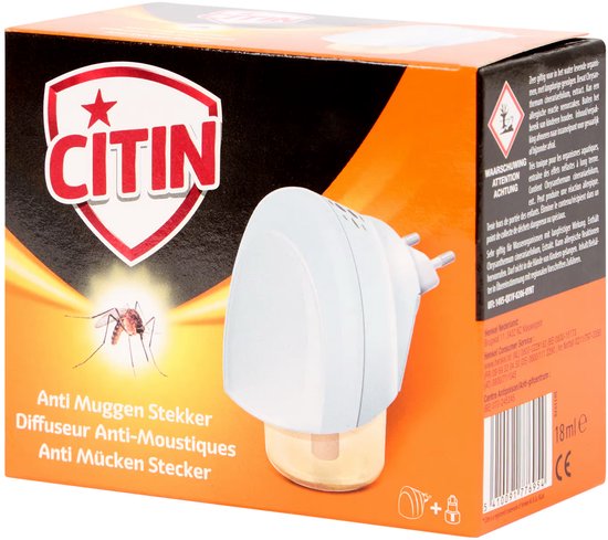 Citin Anti Muggenstekker met waarschuwingstekst en afbeelding van een mug.