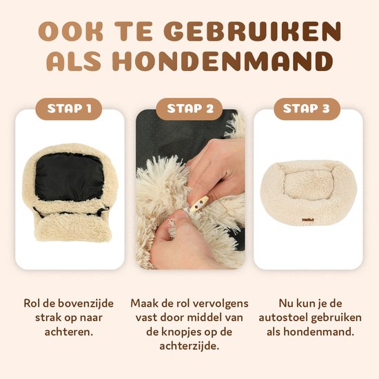 Siège auto Pet Perfect Fluffy pour chien - Panier de voiture avec sangles de sécurité - Panier 2 en 1 pour chien - Orthopédique - Antidérapant - Taille L - Beige