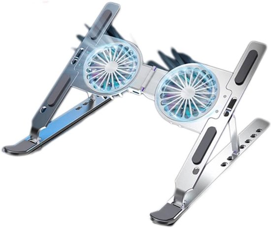 Support pour ordinateur portable argenté avec deux ventilateurs éclairés en bleu sur fond blanc.
