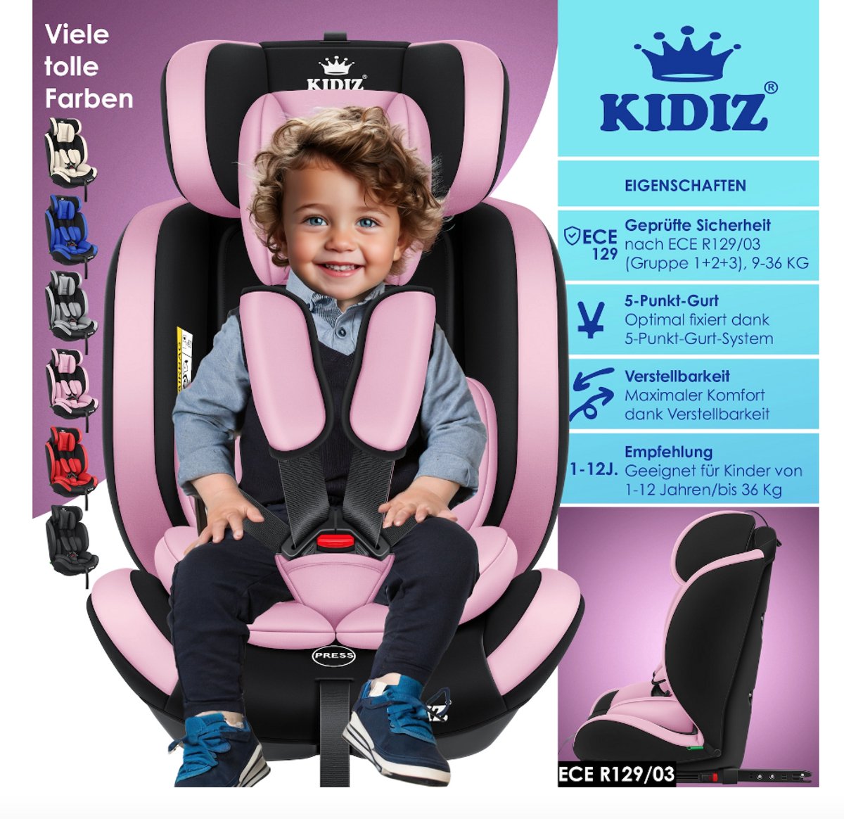 KIDIZ Premium Kinderautostoel Groep 1+2+3, 9-36 kg, 5-punts veiligheidsgordel, auto thumbnail 6