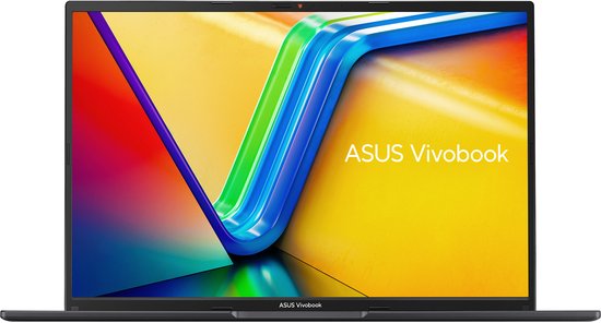 Grijze ASUS Vivobook laptop met een levendig gekleurd scherm met een regenboogachtig design.