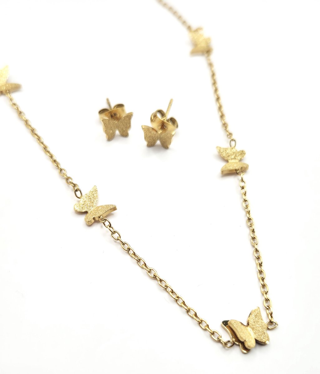 Meisjes sieradenset vlinder - Cadeauset meisje- Goudkleurige ketting en oorbellen- Vlinder Ketting Meisje- Vlinder Oorbellen- LiLaLove- Set Ketting en oorbellen