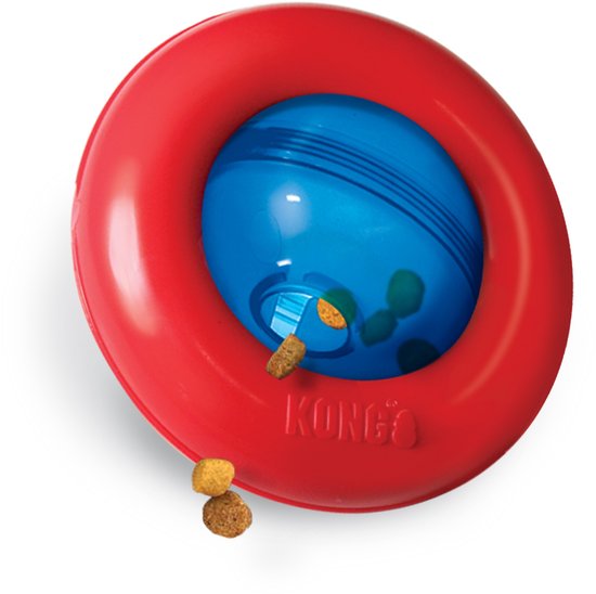 Kong Gyro voerdispenser, rood met blauwe bal, met brokjes.