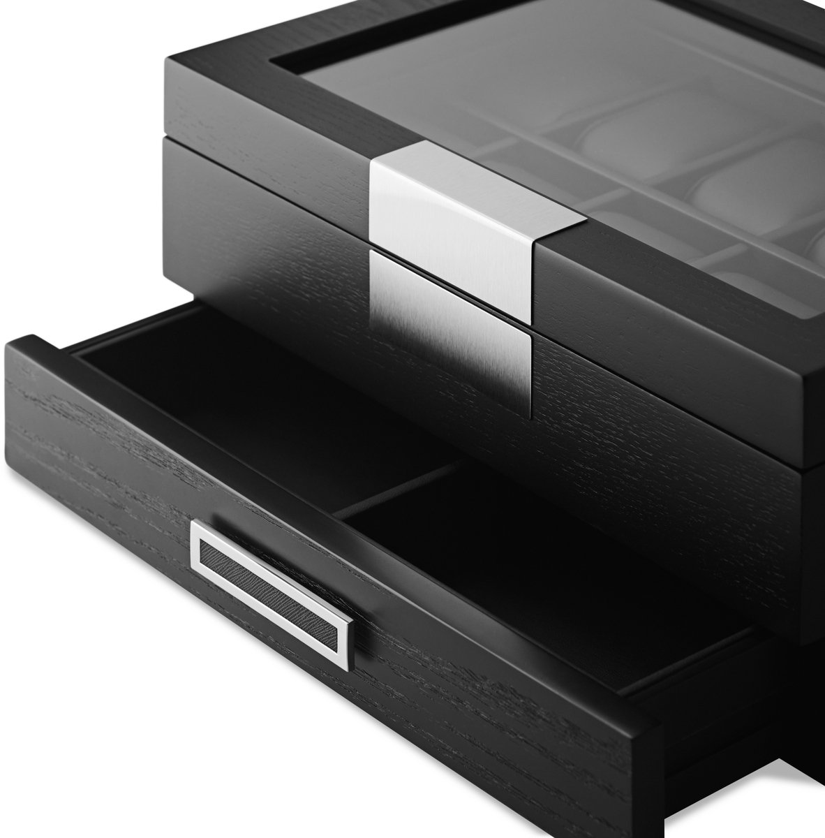 Zwarte Fineer Displaybox met 10 Vakken voor Horloges en Sieraden