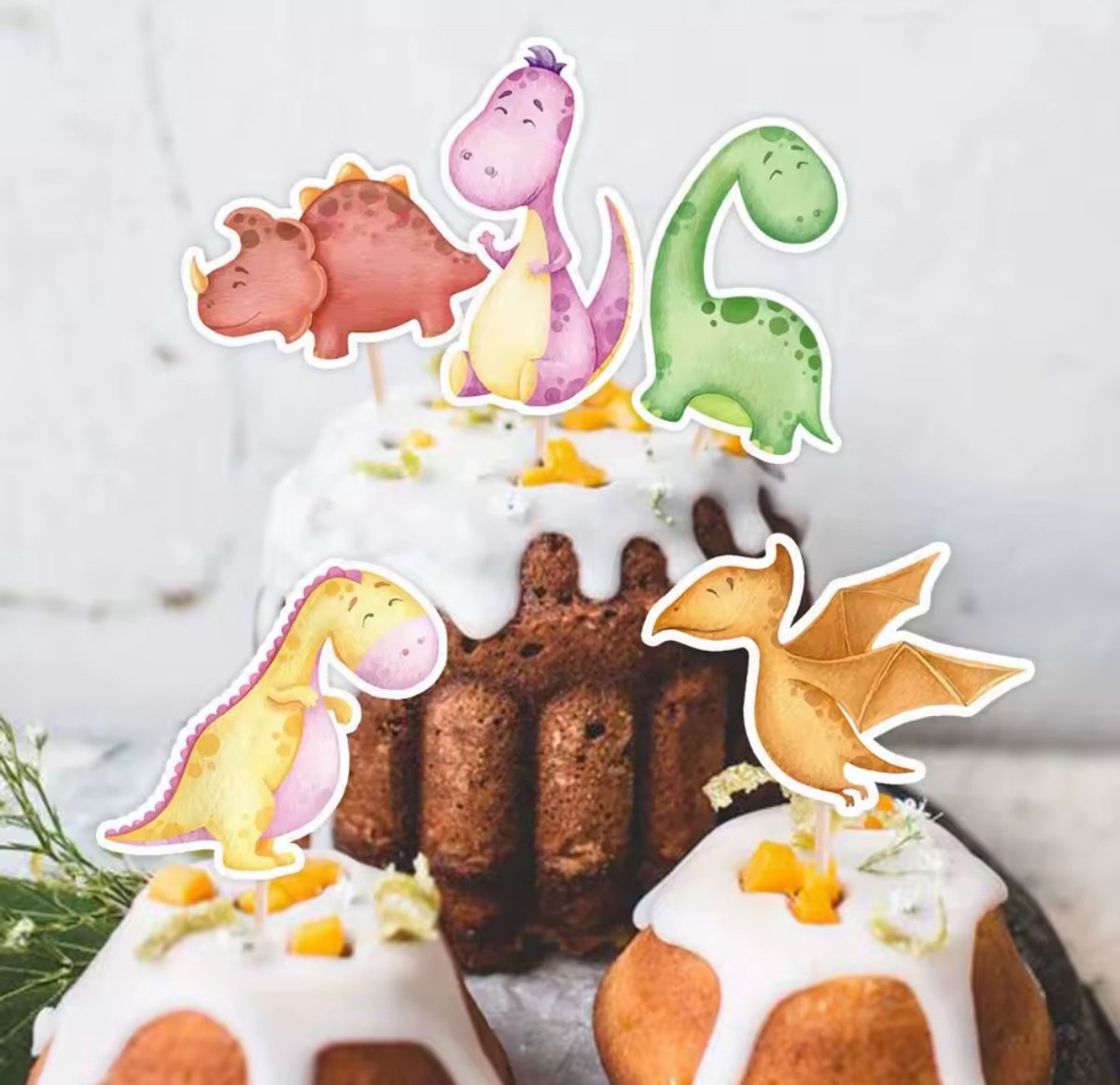 dinosaurus | 24 stuks | cocktail prikker | cupcake decoratie | prikkers met versiering | taartversiering
