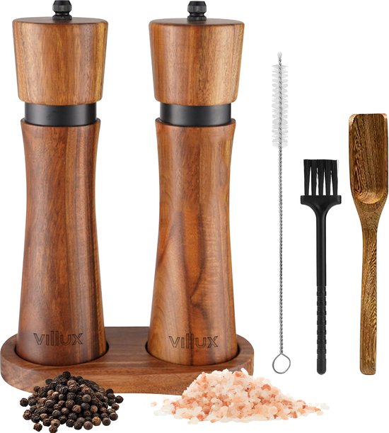 Set moulin à poivre et sel Villux - Moulin à poivre - Moulin à sel - Salière - Salière et poivrière - Moulin à herbes - Moulin à épices - Degré de mouture réglable - Bois d'acacia - 22 cm