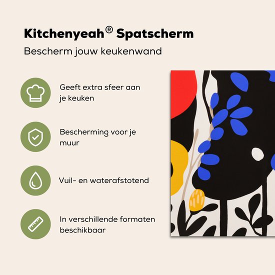 Spatscherm keuken 70x30 cm - Kookplaat achterwand Bloemen - Bladeren - Abstract - Zwart - Muurbeschermer - Spatwand fornuis - Hoogwaardig aluminium