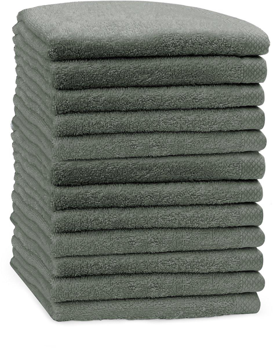 Eleganzzz Handdoeken Set - Set van 12 - Handdoek 50x100cm - 420 gr/m2 - 100% Katoen - olive green