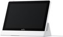 Wit Eufy E10 smart display op een witte standaard, zijaanzicht.