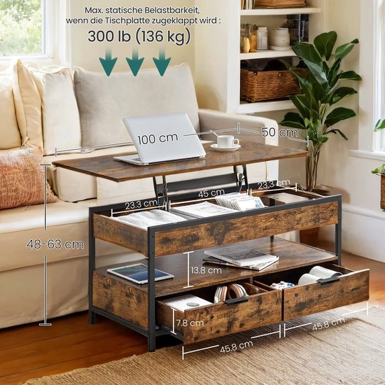 COSTWAY Salontafel met verstelbare hoogte, woonkamertafel met opklapbaar tafelblad & 2 verborgen opbergvakken, bijzettafel van hout, sofatafel voor woonkamer, kantoor, 111 x 48 x 40-53,5 cm (Walnoot COSTWAY Salontafel met verstelbare hoogte, woonkamertafel met opklapbaar tafelblad & 2 verborgen opbergvakken, bijzettafel van hout, sofatafel voor woonkamer, kantoor, 111 x 48 x 40-53,5 cm (Walnoot