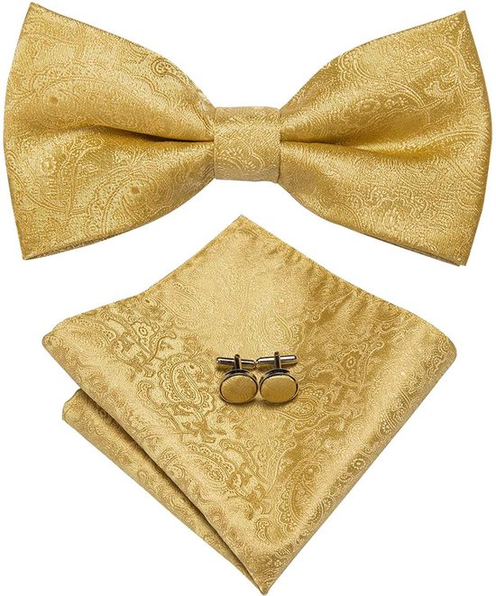 Set nœud papillon Sorprese - Pochette et Boutons de manchette inclus - 100 % soie - Paisley Goud - Ensemble d'accessoires de Luxe pour homme - Nœud papillon - Nœud papillon