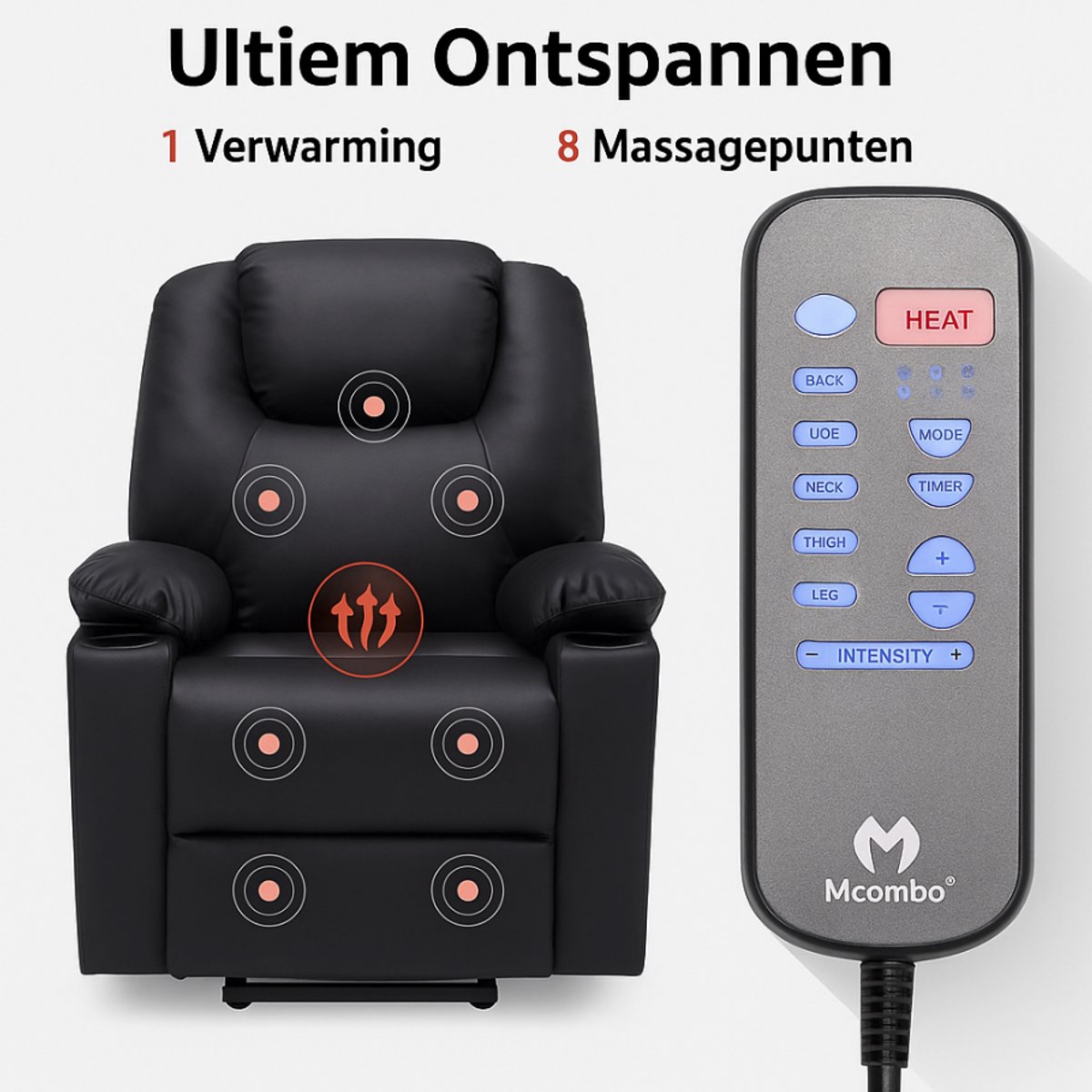 MCombo 7040 Elektrische Relaxstoel met Opstahulp – Massage, Verwarming & USB – Zwart Kunstleer – foto 4