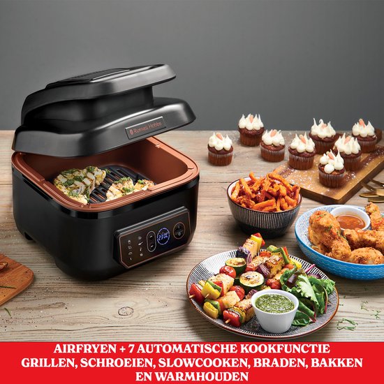 Russell Hobbs airfryer met gegrilde kip, saté en frietjes. Tekst: Airfryer + 7 automatische kookfuncties.
