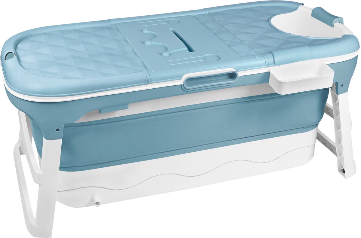 Aufun opvouwbaar bad – 148 x 62 x 53 cm – met deksel, massagerollers en zeepmand – stevig kunststof – blauw – voor badkamer, douche en balkon