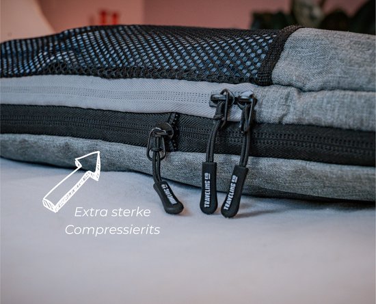 Close-up van de extra sterke compressierits op een grijze packing cube van "The Traveling Kid".