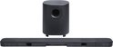 Zwarte JBL soundbar met afneembare speakers en subwoofer, met achterkant zichtbaar.