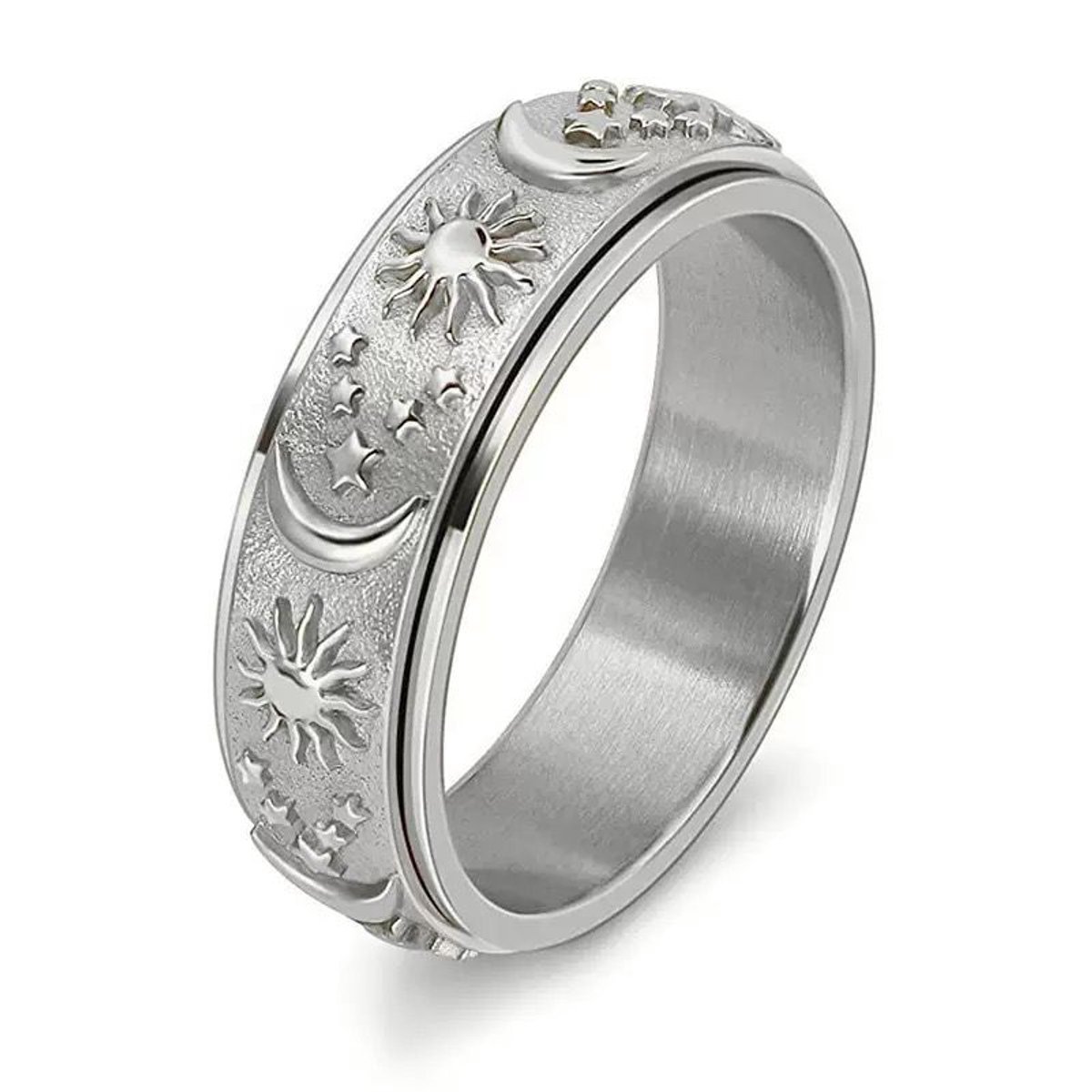 NEFET® - Anxiety ring - Fidget Ring - (Zon & Maan) - Roestvrij Staal - Maat 20 - Zilverkleurig - Dames - ideale geschenk - Cadeautjes Accessoires - Trendy