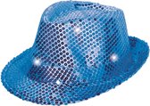 Trilby Hoed - One Size - Volwassenen Pailletten Blauw -  LED