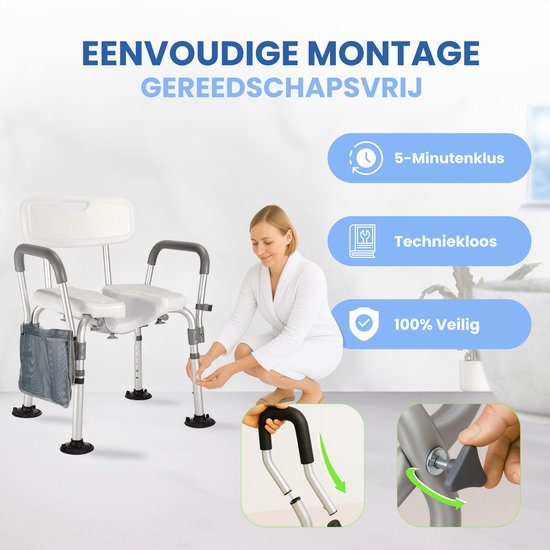Vrouw monteert een douchestoel, gereedschapsvrije montage in 5 minuten.