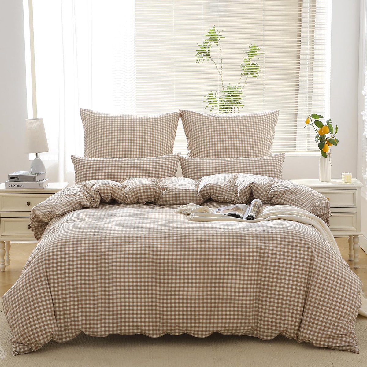 Ibenzoa® Exclusieve Luxe Beddengoedset van 100% Katoen met Ruit Design en Ritssluiting, Beige, 135 x 200 cm
