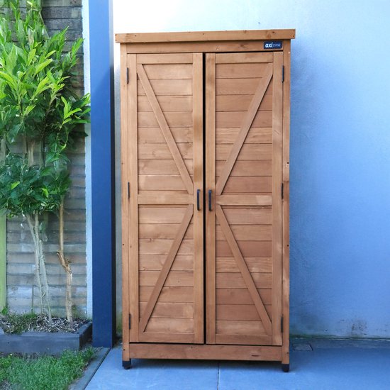 Armoire de rangement en bois AXI Hugo Coffee Brown - Abri de jardin avec toit galvanisé - 3 étagères et base - Bois FSC - Fermeture magnétique - 85x52x174cm