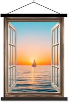 Posterhanger incl. Poster 120x160 cm - Schoolplaat - Doorkijk - Zee - Boot - Zonsondergang - Textielposter - Zwarte latten