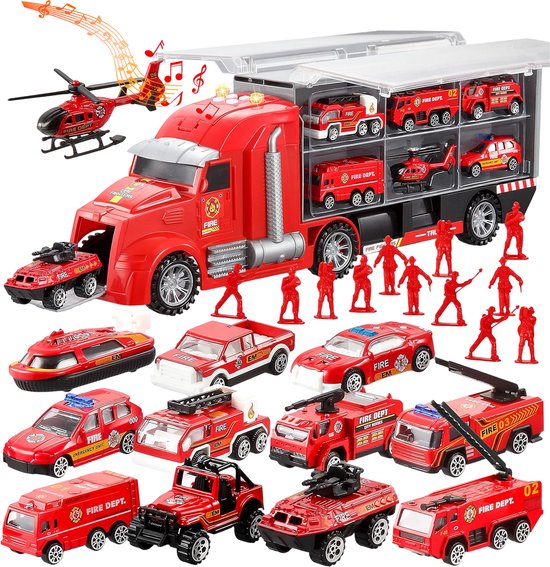 Een rode brandweerwagen speelgoed set met een vrachtwagen die 12 brandweer voertuigen bevat, waaronder een helikopter en kleine auto's. Rode speelfiguren staan rond de vrachtwagen.