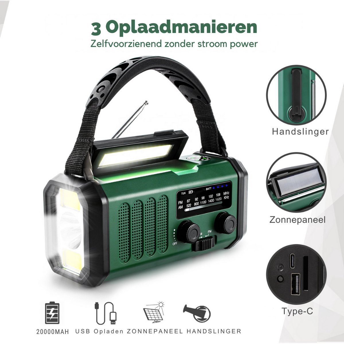 P-Repair - Noodradio - Opwindbare radio - Solar Opwindbaar - Powerbank Zonne-energie - 20.000mAh - Met zaklamp - USB oplader - USB-C oplader - Groen – foto 3
