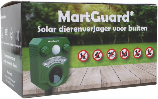 Doos van MartGuard Solar dierenvrjager voor buiten. Groene dierenvrjager op de doos, met Nederlandse vlag en tulpen.
