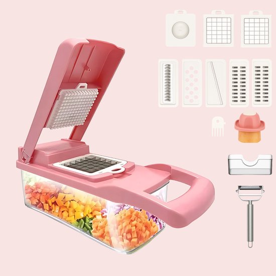 Coupe-légumes multifonction Nesly - Râpe - Coupe-légumes Mandoline - Coupe-oignon - Plastique - 12 en 1 - Rose + ÉPULLEUR OFFERT