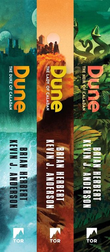 Dune - The Duke of Caladan, The Lady of Caladan, The Heir of Caladan boeken. Brian Herbert, Kevin J. Anderson. De covers tonen steden, woestijnen en jungles.