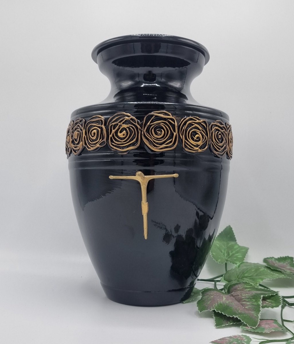 Urn - Keramiek - Goud - Zwart - Kruis - Urn voor as - 4 liter - KERA 08