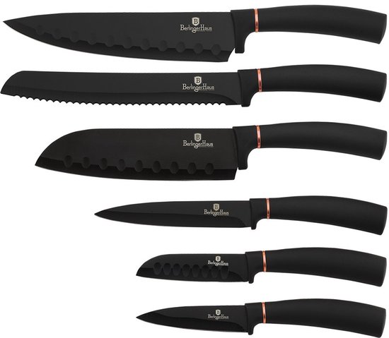 Six couteaux noirs avec détails couleur cuivre et manches ergonomiques.
