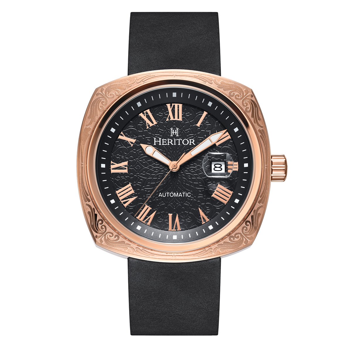 Heritor Automatic Davenport horloge met gegraveerde kast en leren band en datum - roségoud-zwart