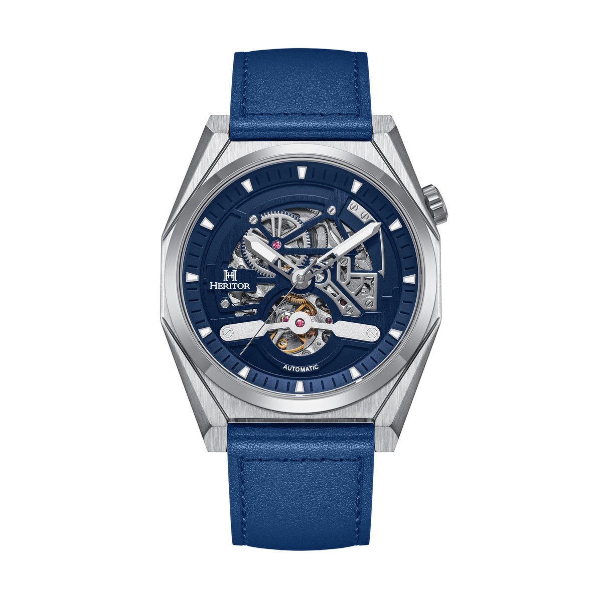 Heritor Automatic Amadeus Semi-Skelet leren band horloge - Zilver-Blauw