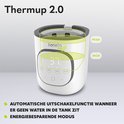 Witte "Thermup 2.0" flesverwarmer met transparante deksel. Automatische uitschakeling bij watertekort en energiebesparende modus.