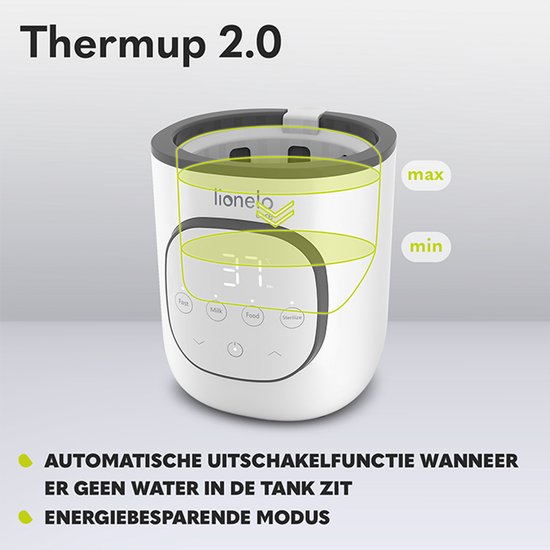 Witte "Thermup 2.0" flesverwarmer met transparante deksel. Automatische uitschakeling bij watertekort en energiebesparende modus.