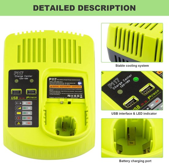 Geschikt voor P117 Dual Port batterijlader voor RB12V-18V One Plus, Li-ION NI-CD NI-MH voor RB BPL-1815 P102 P103 P104 P105 P106 P107 P108 P109 P122 van RYOBI — afbeelding 2