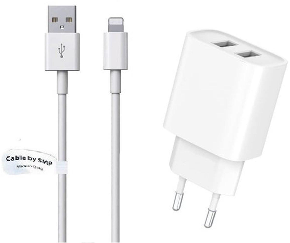 OneOne 2.4A lader met 2 poorten + 2,0m OneOne Lightning kabel. Oplader adapter past op Apple iPhone XR, iPhone XS, iPhone XS Max, iPhone 10, iPhone 11, iPhone 11 Pro, iPhone 11Pro Max, iPhone 12, iPhone 12 Mini, iPhone 12 Pro