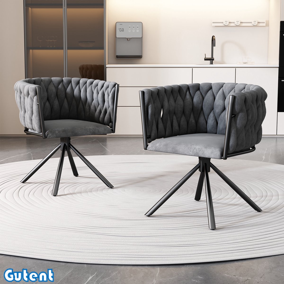 Gutent Fluwelen Eetkamerstoel-Set van 2-Single Light-Casual Draaistoel-Met Vier Metalen Ondersteunende Poten-Grijs