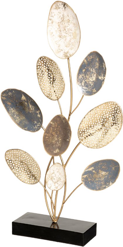 MISOU Ornament - op Voet - Staand - Beeld - 30x53cm - op Standaard - voor Binnen - Vensterbank Decoratie - Goud - Zwart - Bladeren