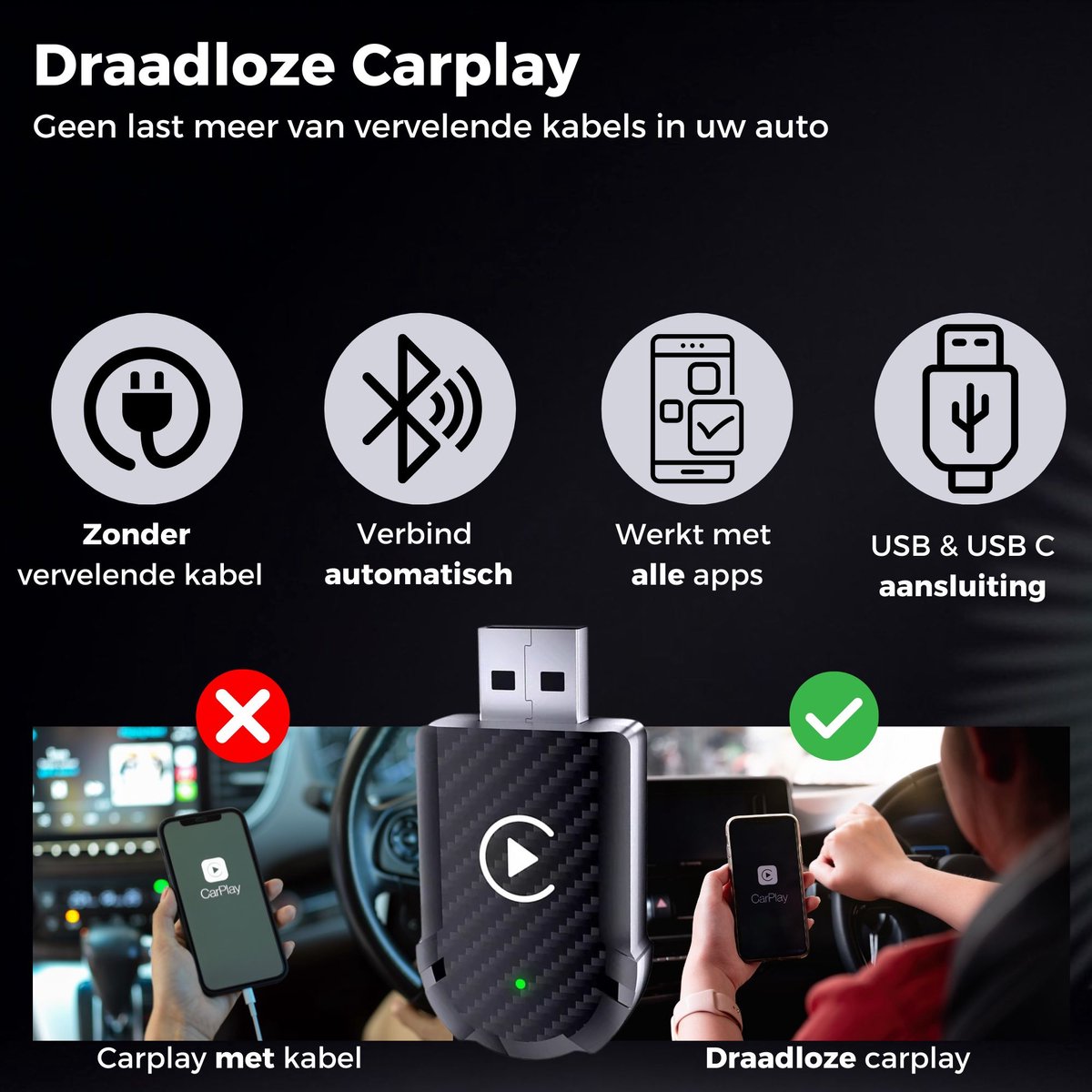 Nextora 2-in-1 CarPlay en Android Auto Dongle draadloos USB-C/A snelle verbinding voor auto, zwart - Afbeelding 4